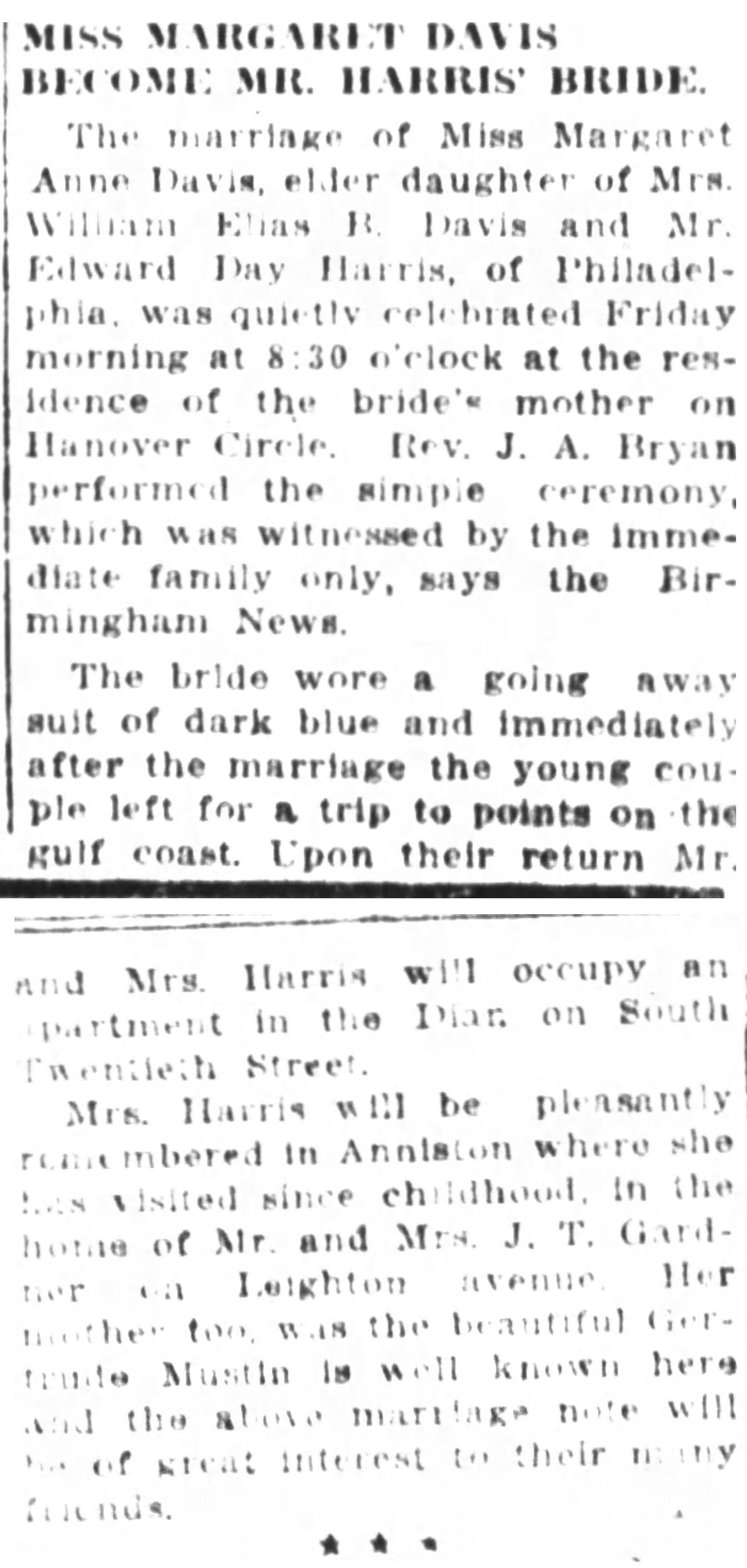 Miss Margaret Davis Becomes Mr Harris' Bride